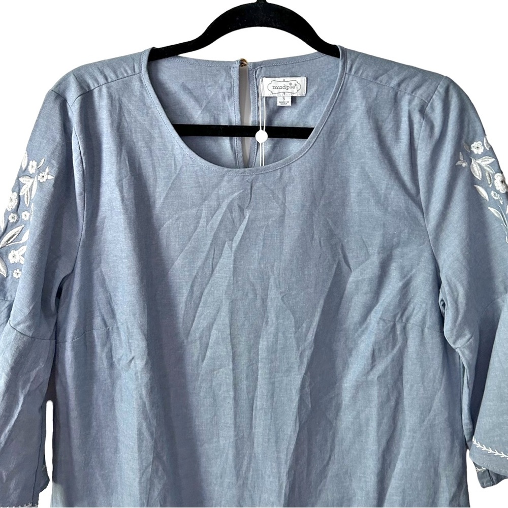 NWT Mud Pie Michelle Dress with Embroidery Sleeves SZ Small in Blue - Picture 2 of 7